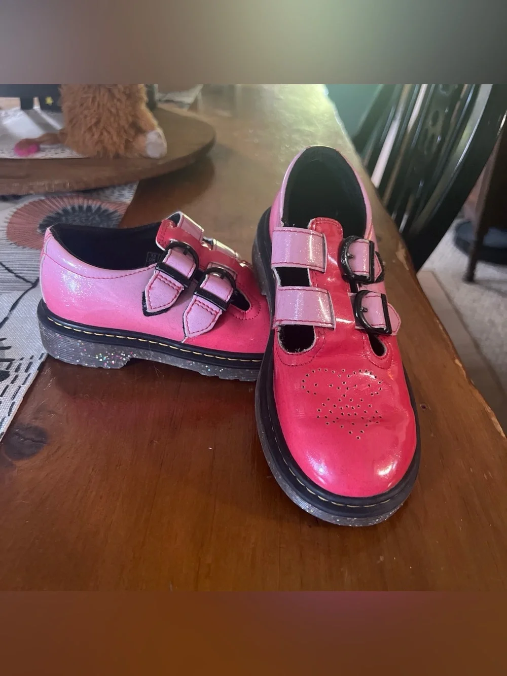 Dr. Martens Kids Pink Glitter Double Monk Strap Shoe with Black Accents